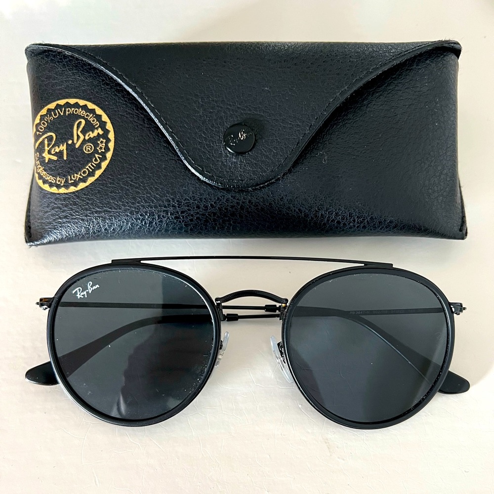 Ray-Ban Double Bridge Round Sunglasses - Black - New